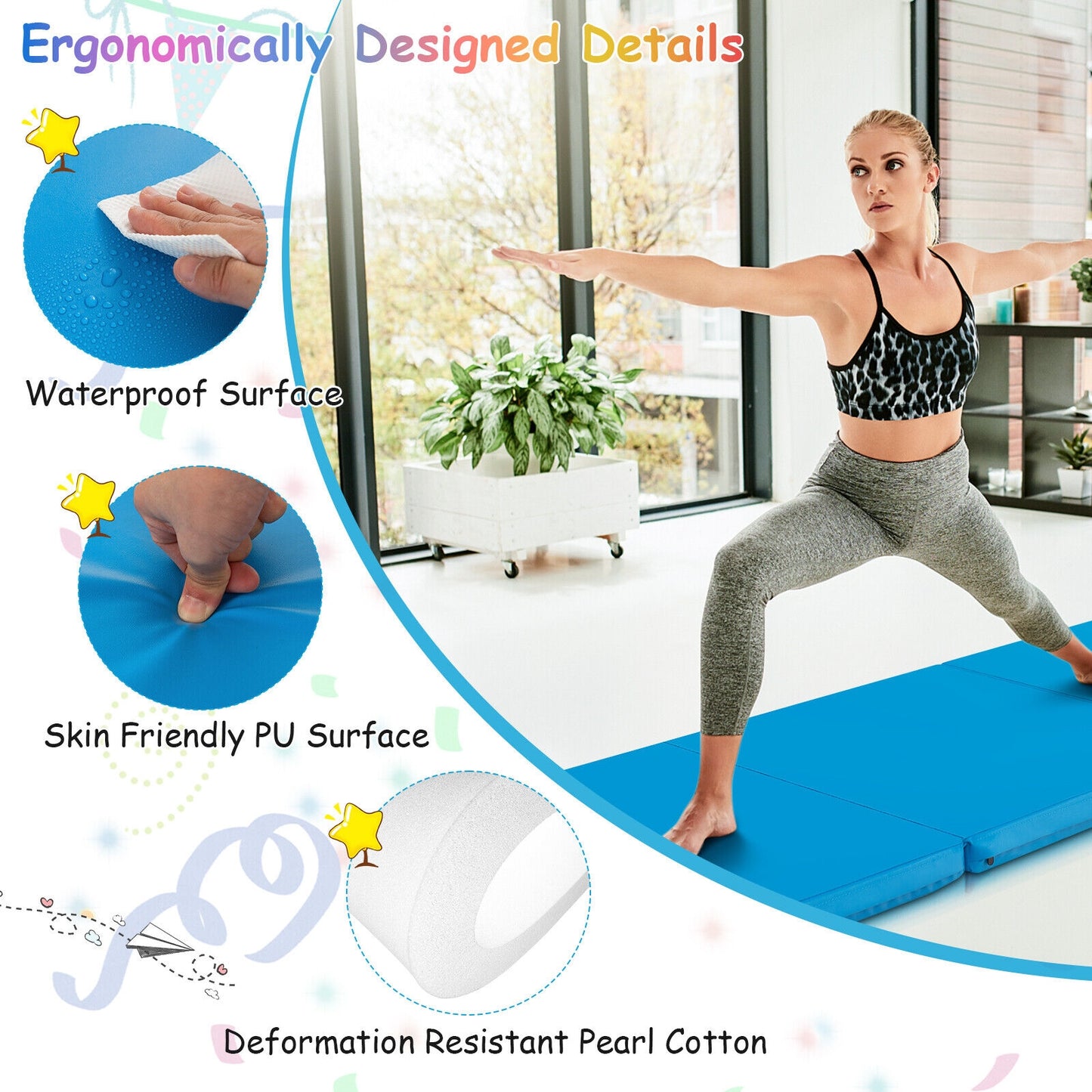 6 x 2 FT Tri-Fold Gym Mat with Handles and Removable Zippered Cover-Blue Kids Crystal