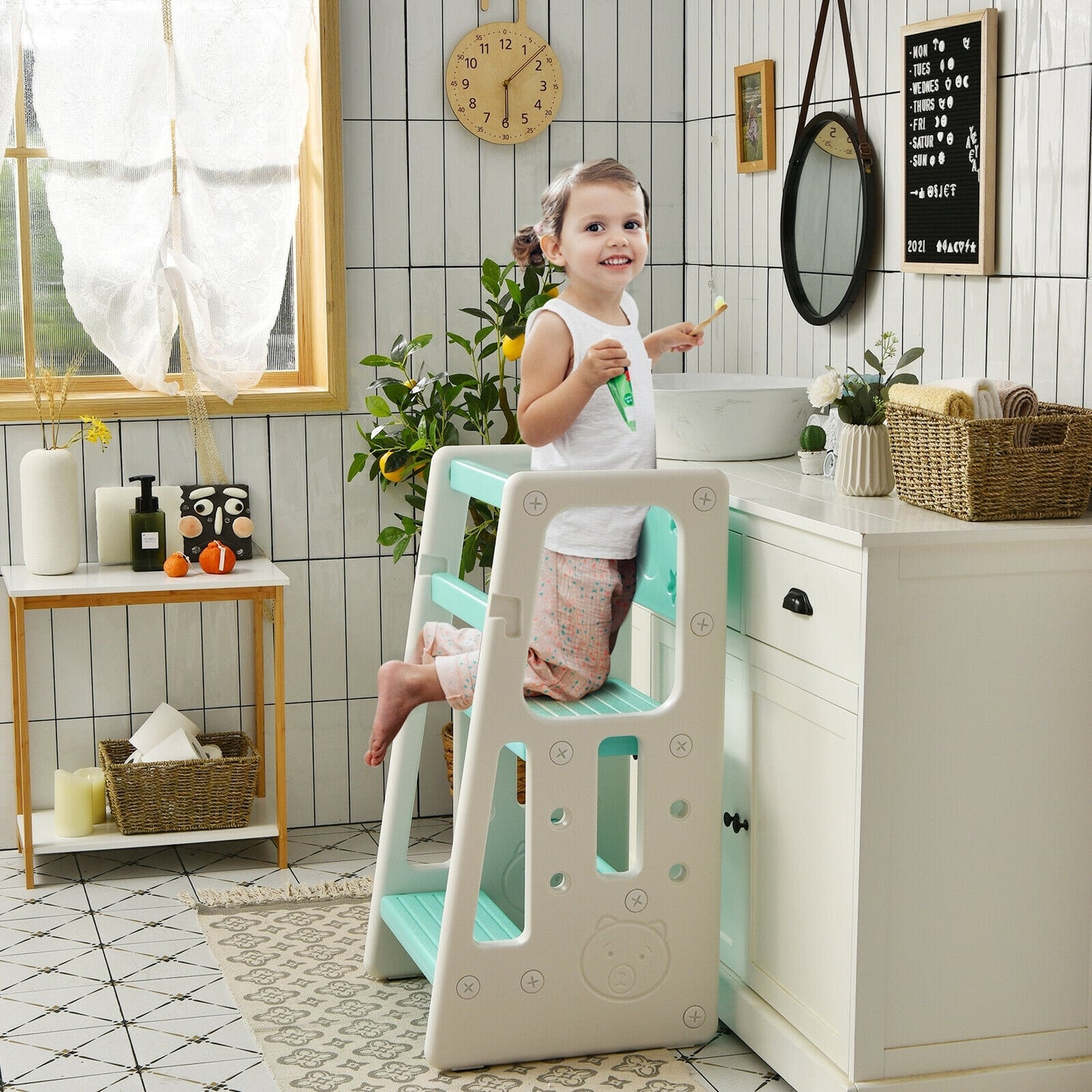 Kids Kitchen Step Stool with Double Safety Rails -Green Kids Crystal