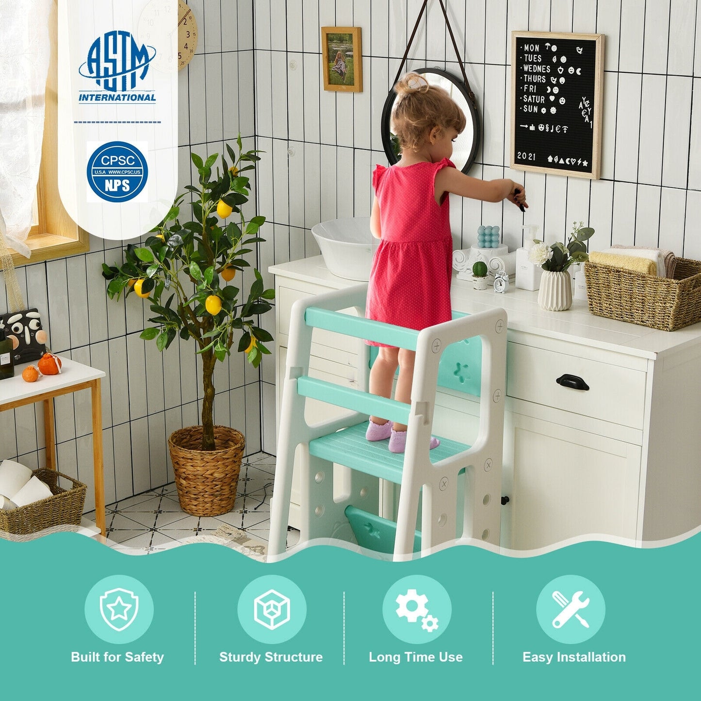Kids Kitchen Step Stool with Double Safety Rails -Green Kids Crystal