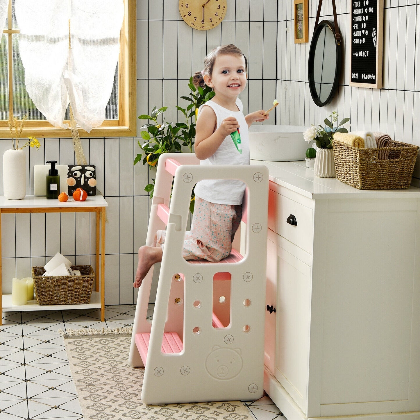 Kids Kitchen Step Stool with Double Safety Rails -Pink Kids Crystal