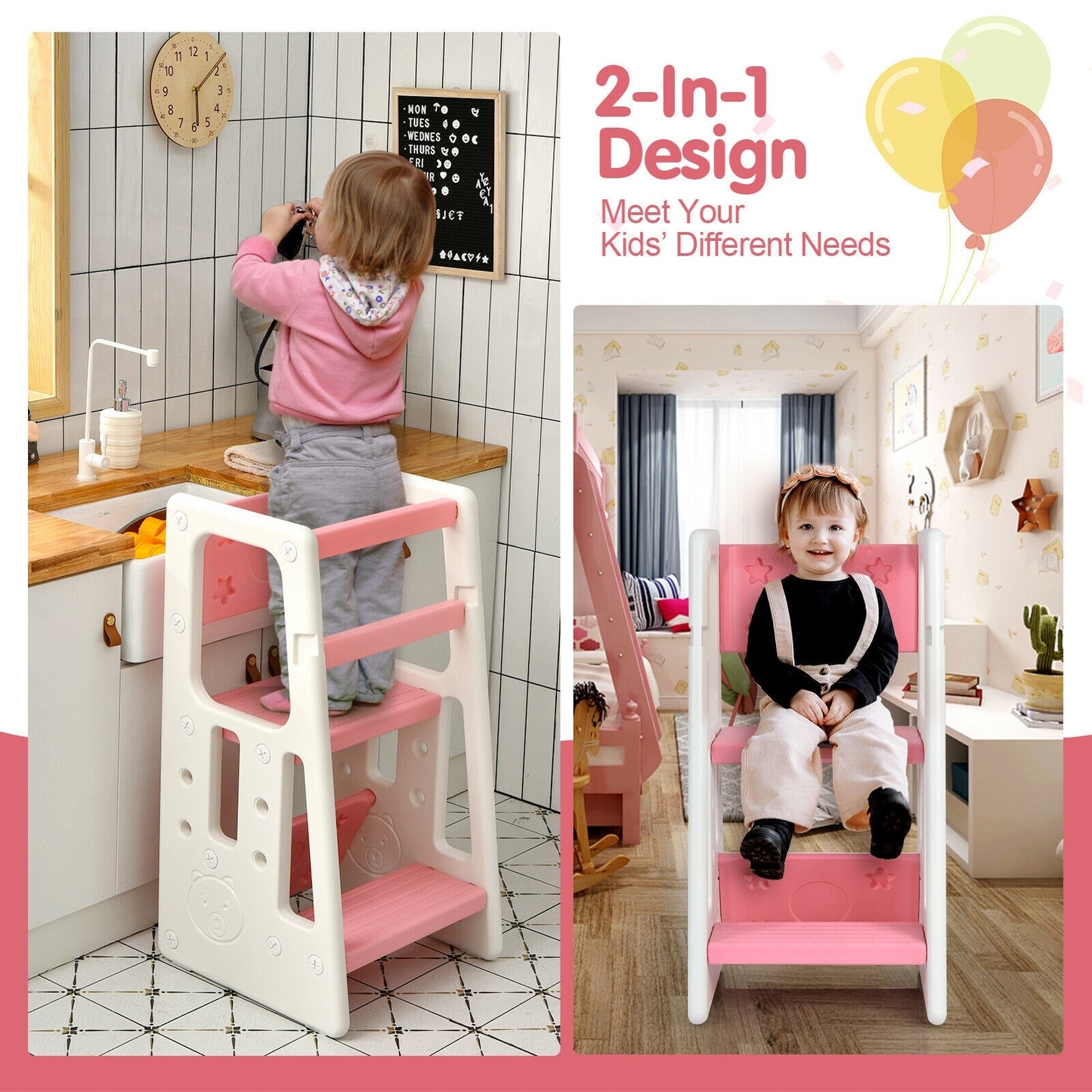 Kids Kitchen Step Stool with Double Safety Rails -Pink Kids Crystal