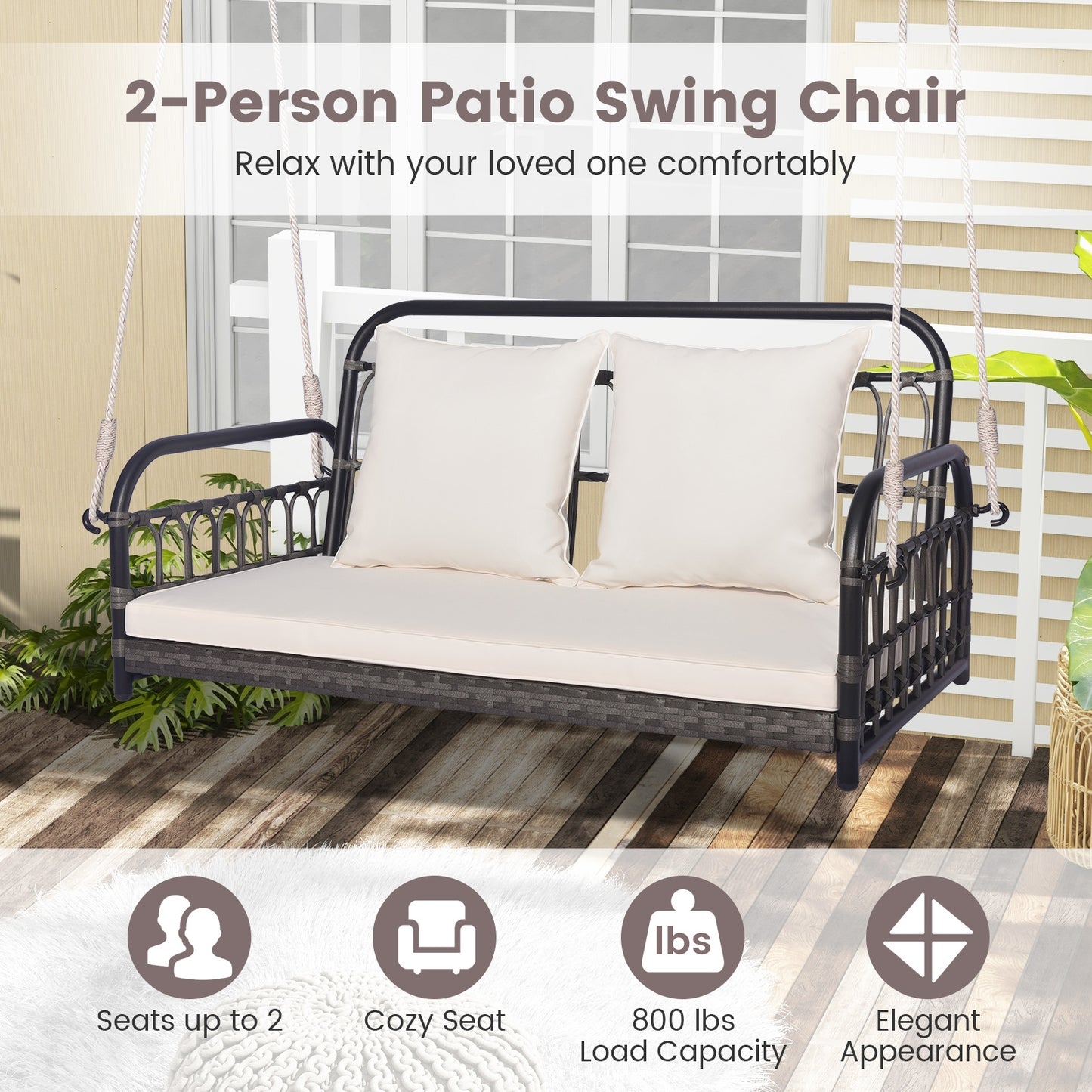 2-Person Outdoor Hanging Chair with Ropes-Gray Kids Crystal