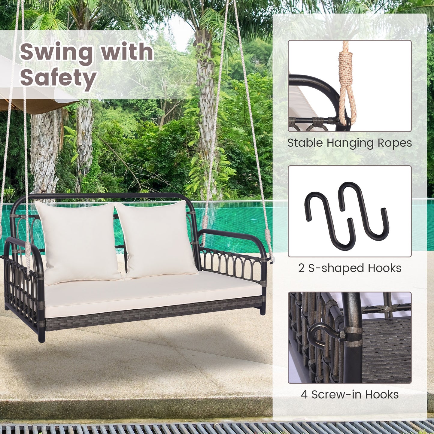2-Person Outdoor Hanging Chair with Ropes-Gray Kids Crystal