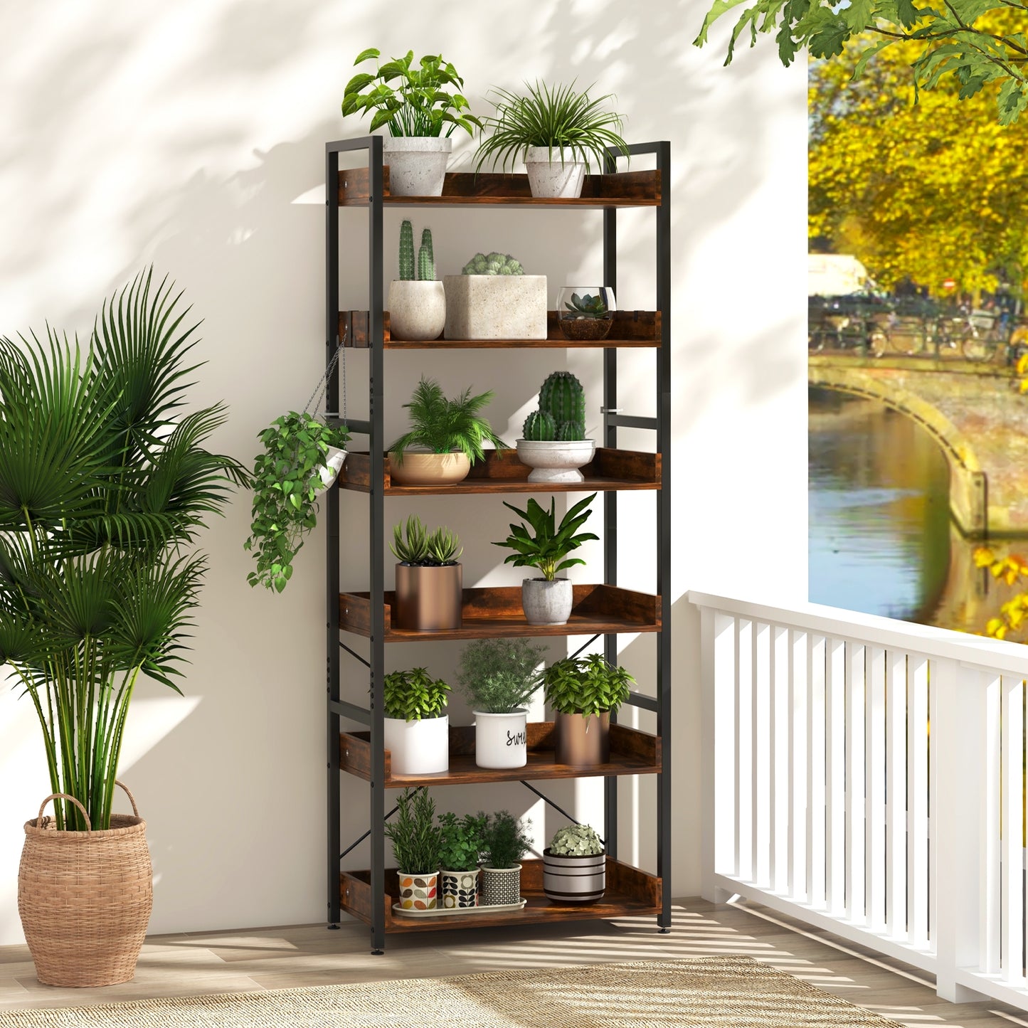 6-Tier Tall Industrial Bookcase with Open Shelves and 4 Hooks-Brown Kids Crystal