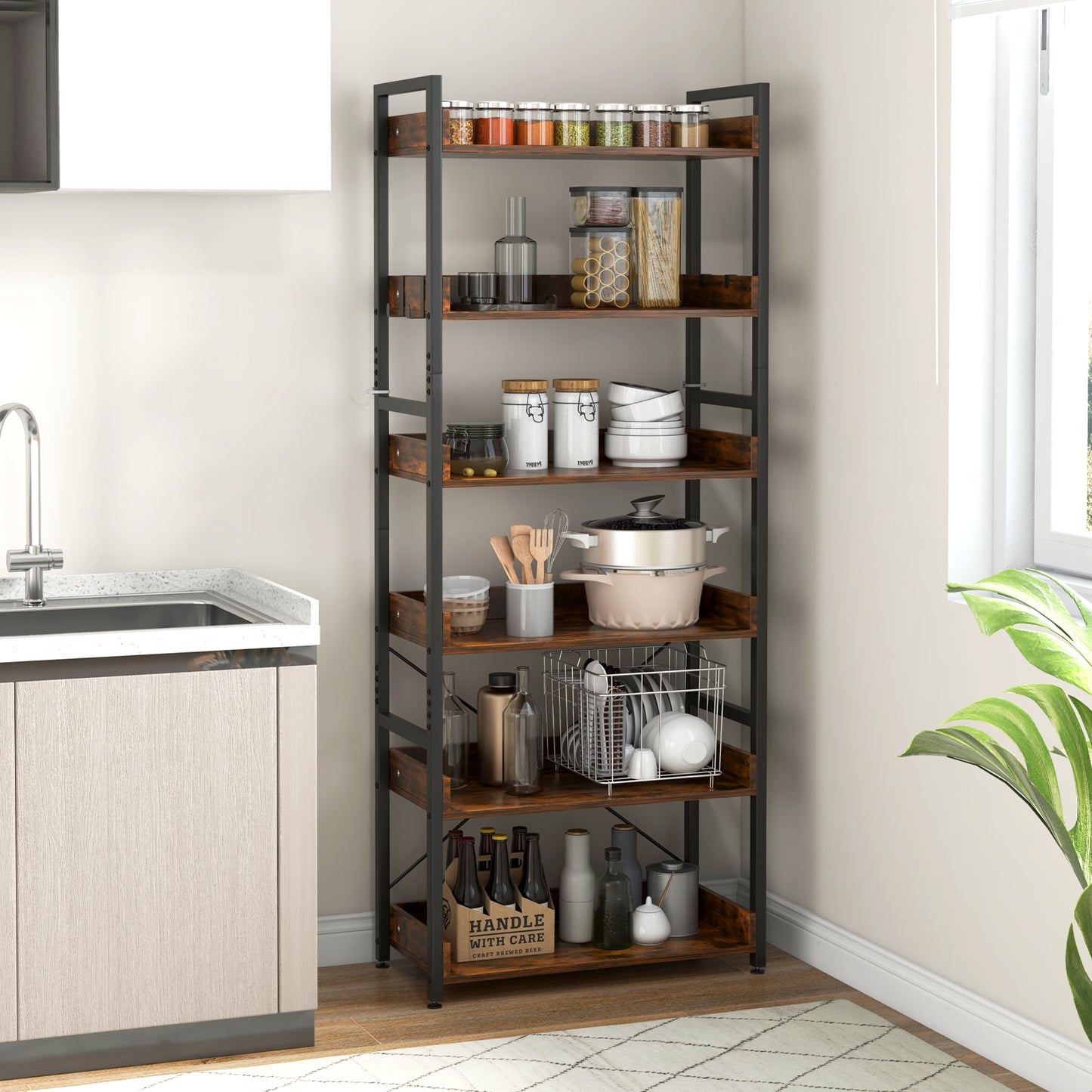 6-Tier Tall Industrial Bookcase with Open Shelves and 4 Hooks-Brown Kids Crystal