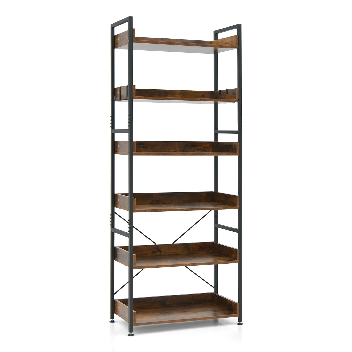 6-Tier Tall Industrial Bookcase with Open Shelves and 4 Hooks-Brown Kids Crystal
