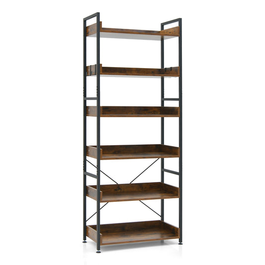 6-Tier Tall Industrial Bookcase with Open Shelves and 4 Hooks-Brown Kids Crystal
