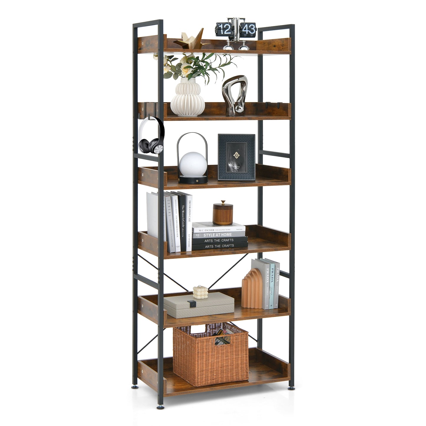 6-Tier Tall Industrial Bookcase with Open Shelves and 4 Hooks-Brown Kids Crystal