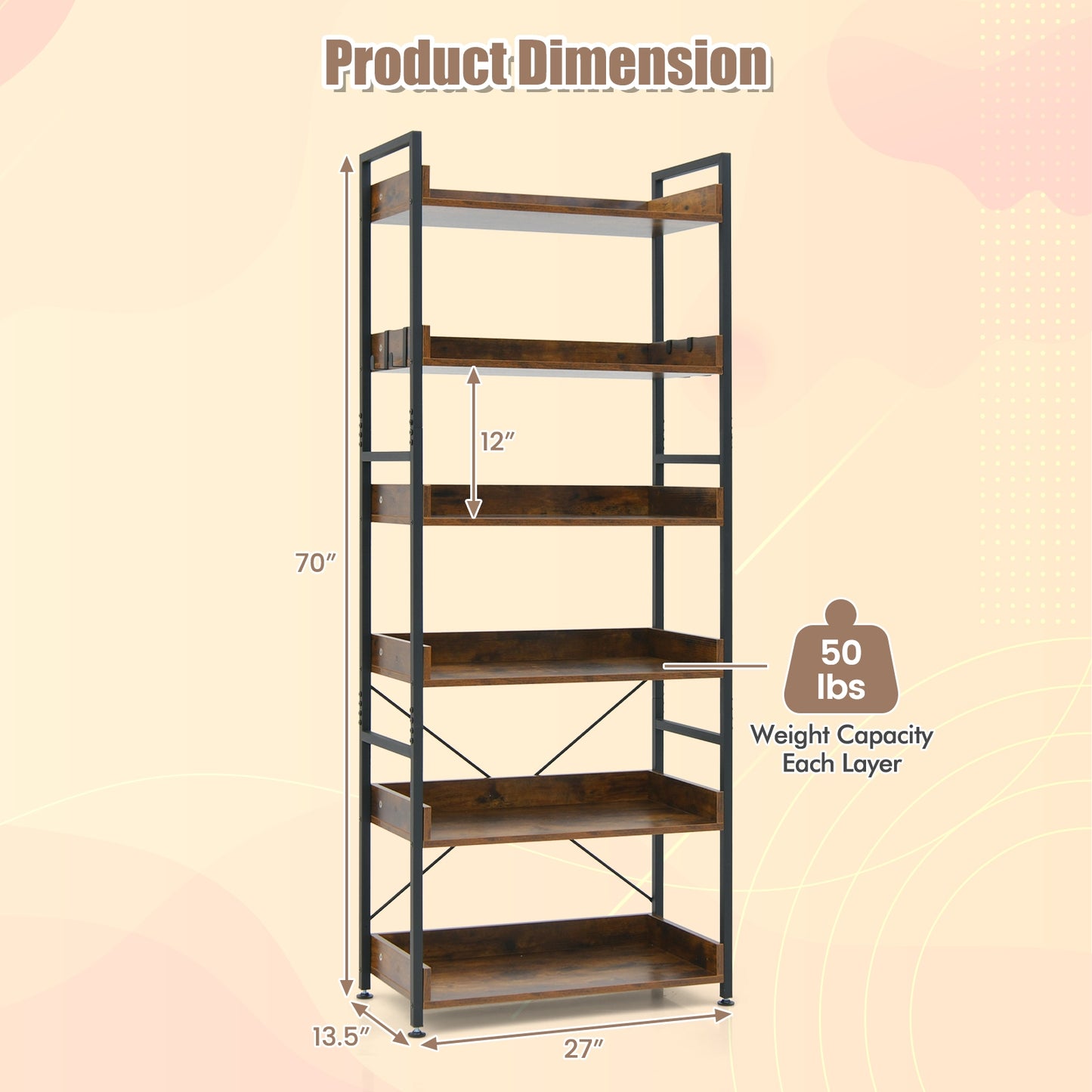 6-Tier Tall Industrial Bookcase with Open Shelves and 4 Hooks-Brown Kids Crystal