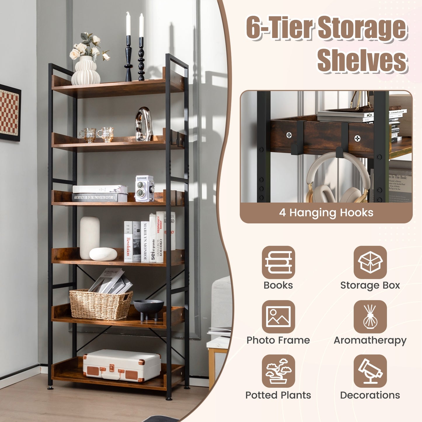 6-Tier Tall Industrial Bookcase with Open Shelves and 4 Hooks-Brown Kids Crystal