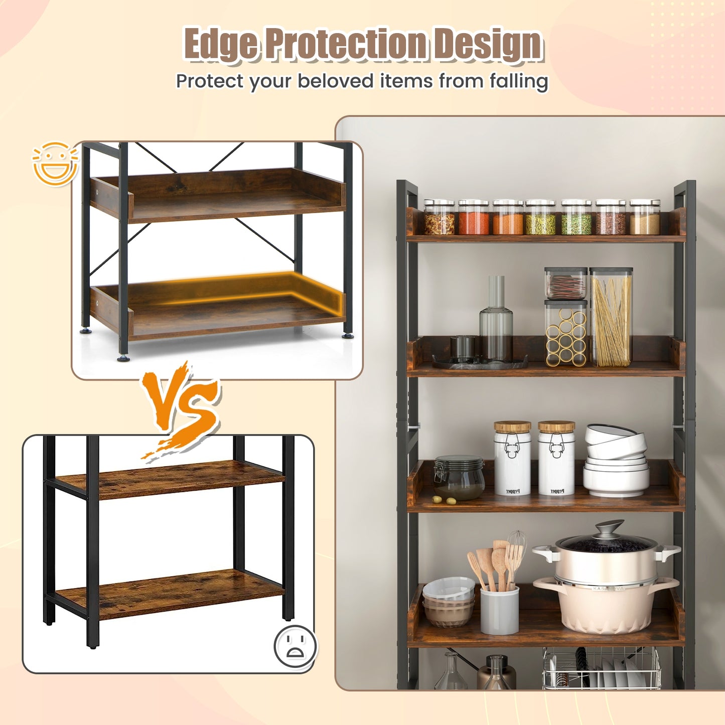6-Tier Tall Industrial Bookcase with Open Shelves and 4 Hooks-Brown Kids Crystal