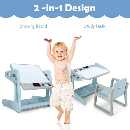 2 in 1 Kids Easel Table and Chair Set with Adjustable Art Painting Board-Blue