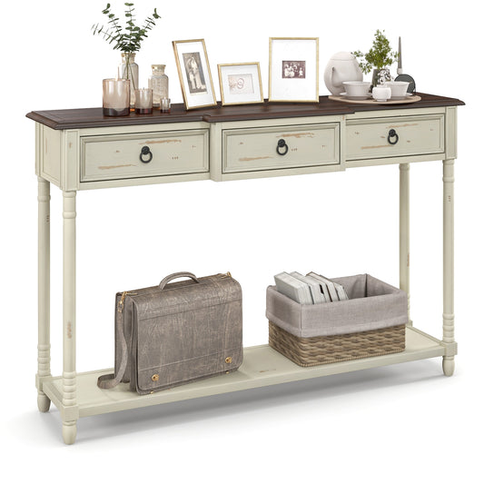 52 Inch Farmhouse Console Table with 3 Drawers and Open Storage Shelf for Hallway Kids Crystal