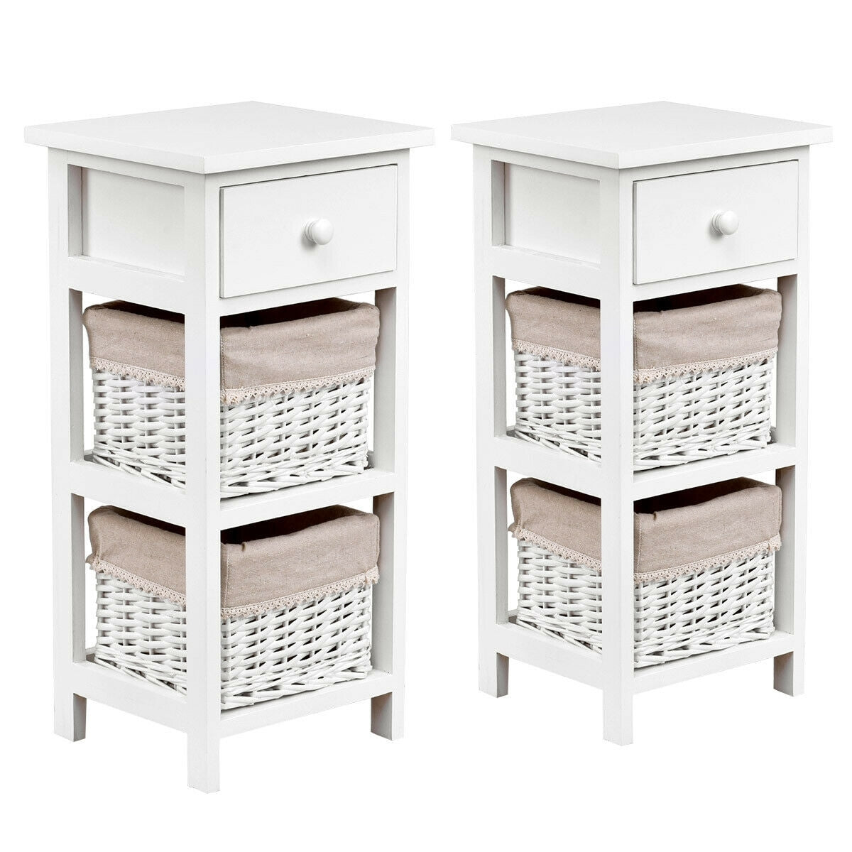 2 Pieces Bedroom Bedside End Table with Drawer Baskets-White Kids Crystal