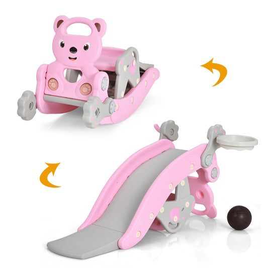 4-in-1 Toddler Slide and Rocking Horse Playset with Basketball Hoop-Pink Kids Crystal