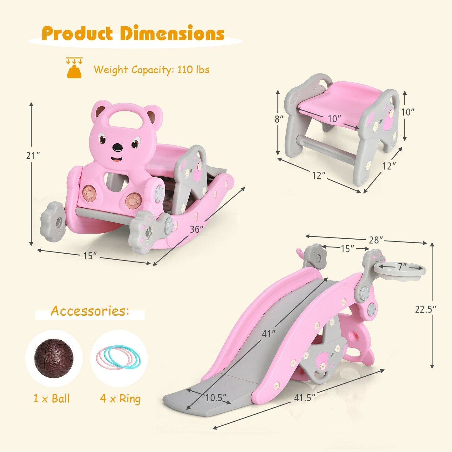 4-in-1 Toddler Slide and Rocking Horse Playset with Basketball Hoop-Pink Kids Crystal