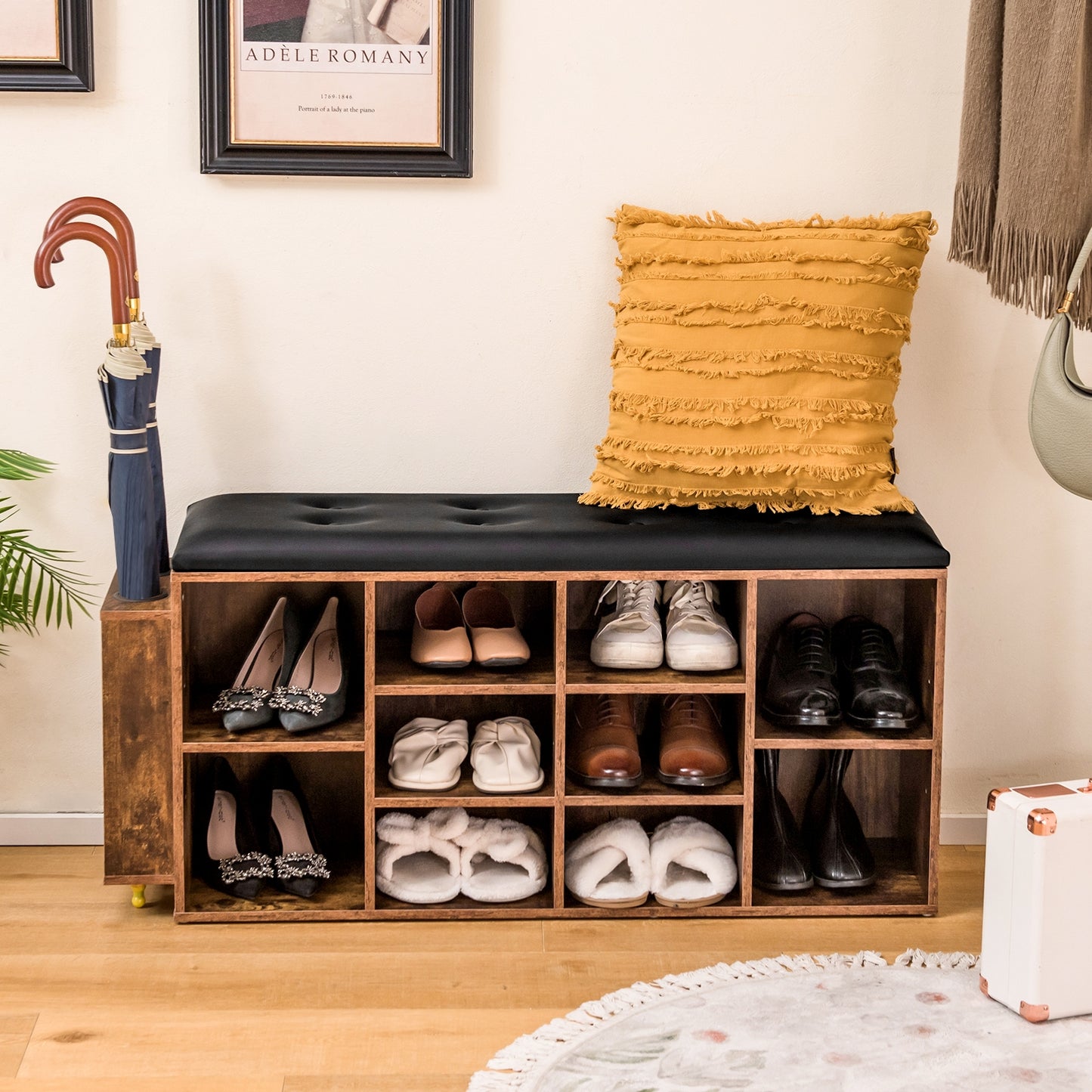 Shoe Storage Bench with Umbrella Stand and Adjustable Shelf-Rustic Brown Kids Crystal