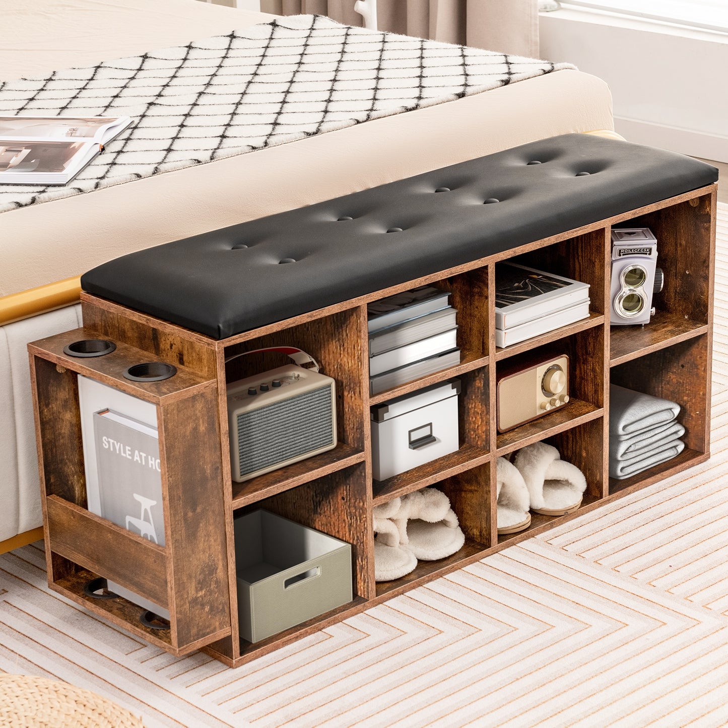 Shoe Storage Bench with Umbrella Stand and Adjustable Shelf-Rustic Brown Kids Crystal