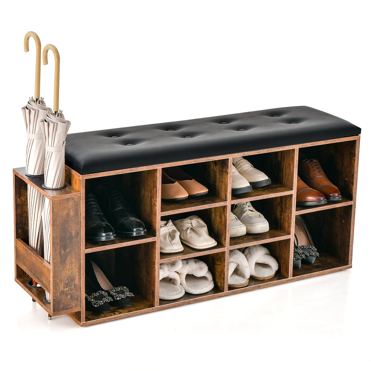 Shoe Storage Bench with Umbrella Stand and Adjustable Shelf-Rustic Brown Kids Crystal