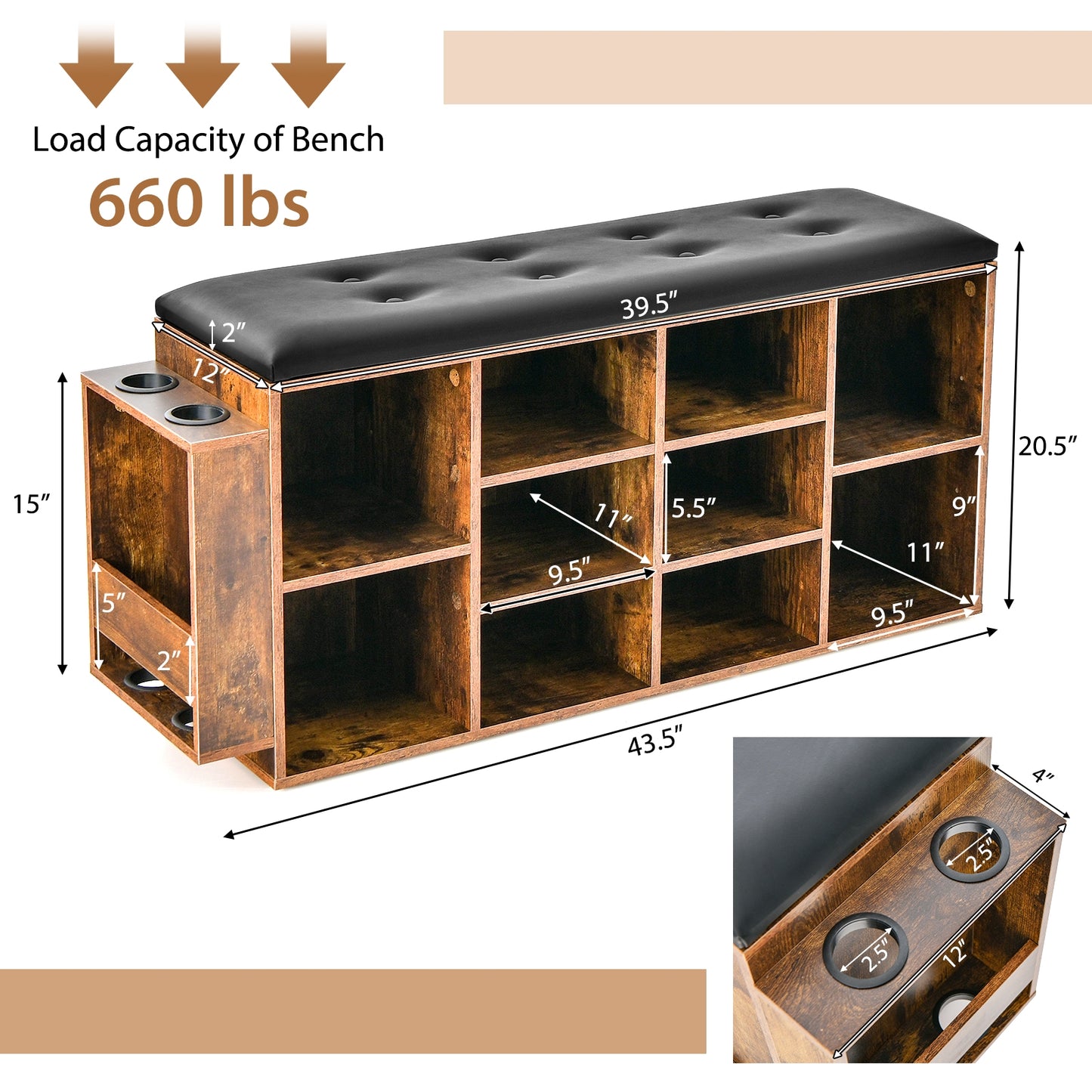 Shoe Storage Bench with Umbrella Stand and Adjustable Shelf-Rustic Brown Kids Crystal