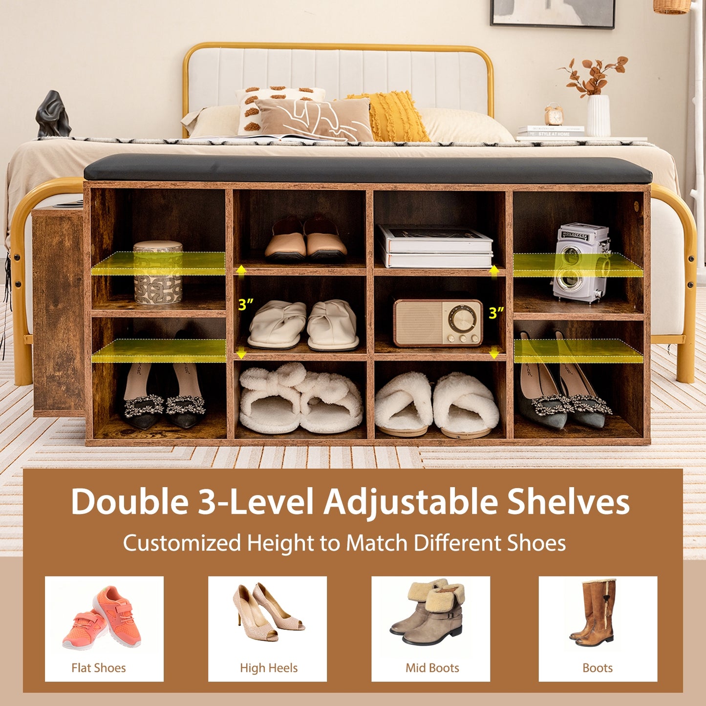 Shoe Storage Bench with Umbrella Stand and Adjustable Shelf-Rustic Brown Kids Crystal