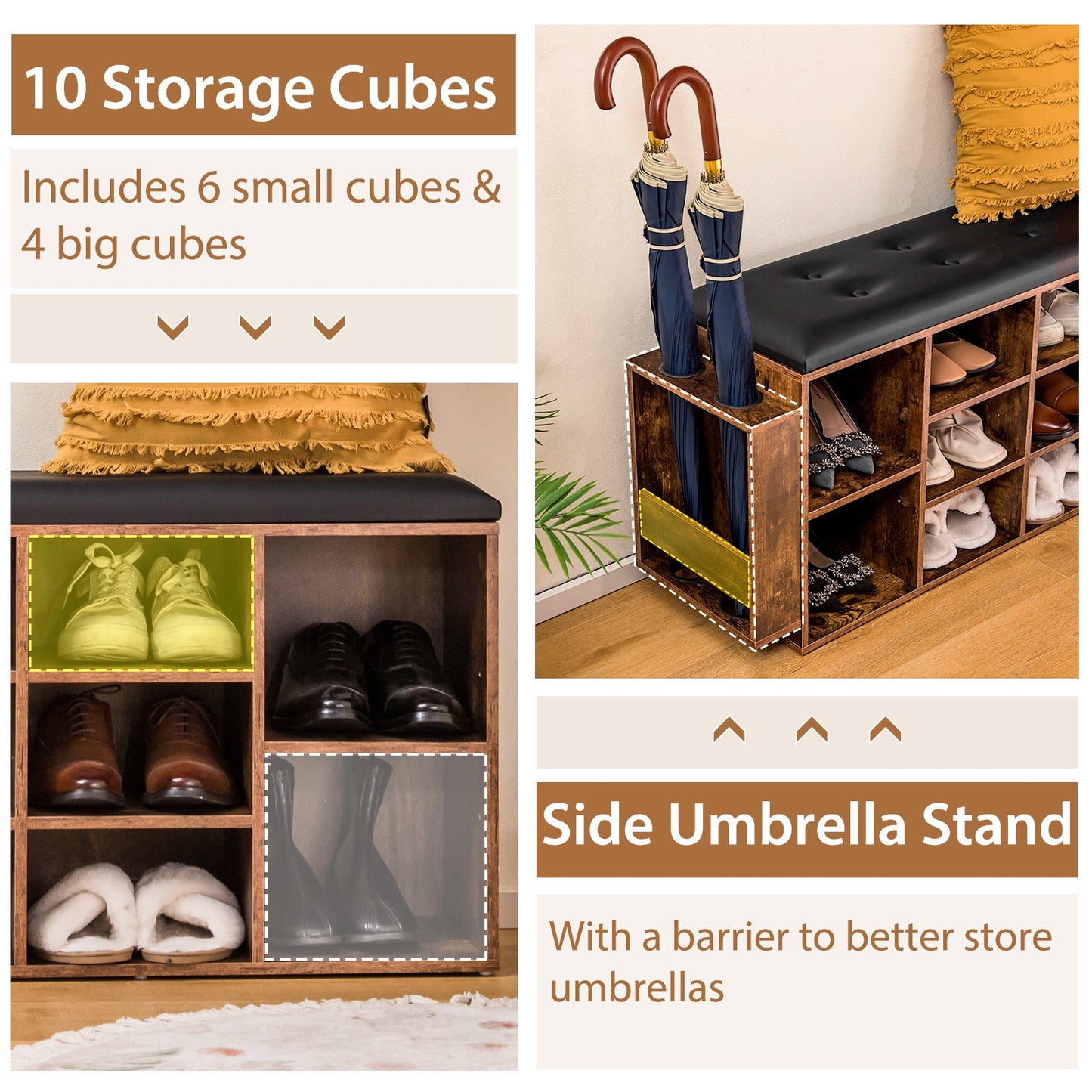 Shoe Storage Bench with Umbrella Stand and Adjustable Shelf-Rustic Brown Kids Crystal