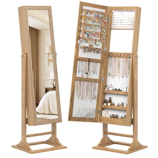 Freestanding Lockable Jewelry Armoire with Full-Length Mirror and 6 LED Lights-Natural Kids Crystal