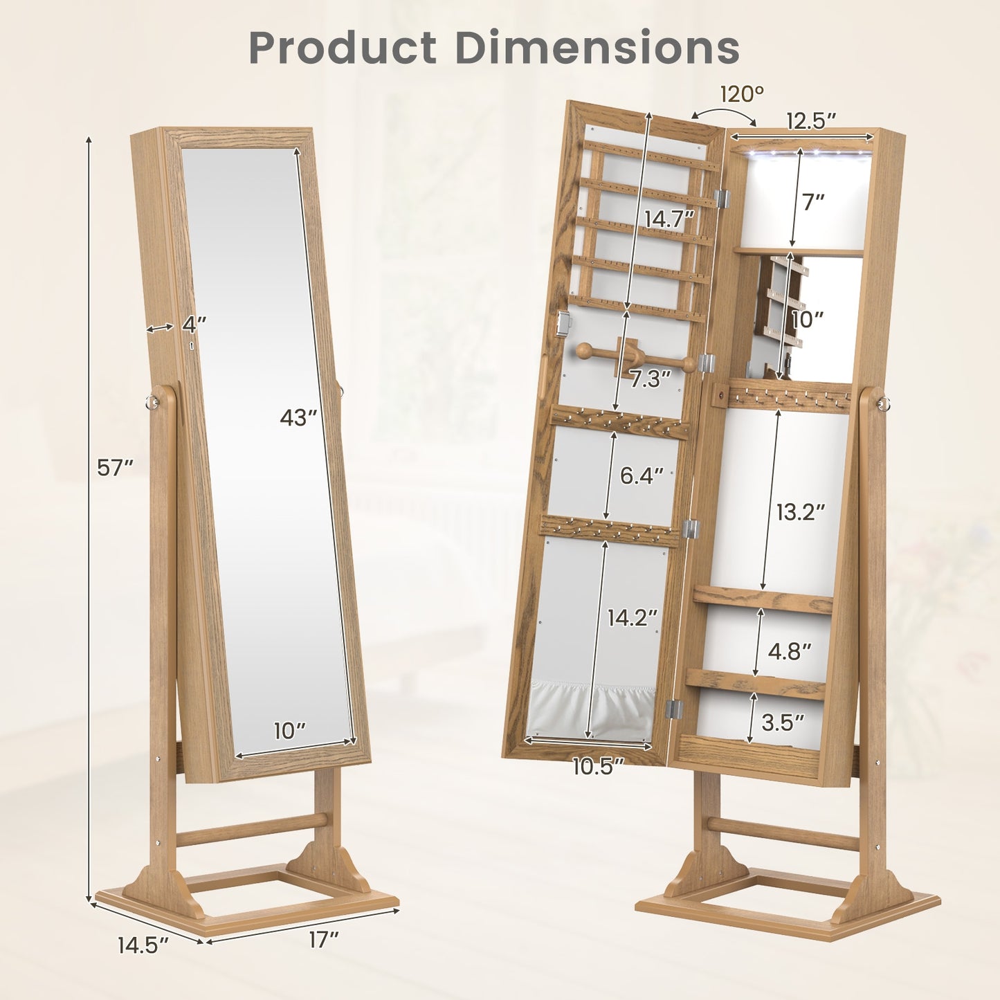Freestanding Lockable Jewelry Armoire with Full-Length Mirror and 6 LED Lights-Natural Kids Crystal