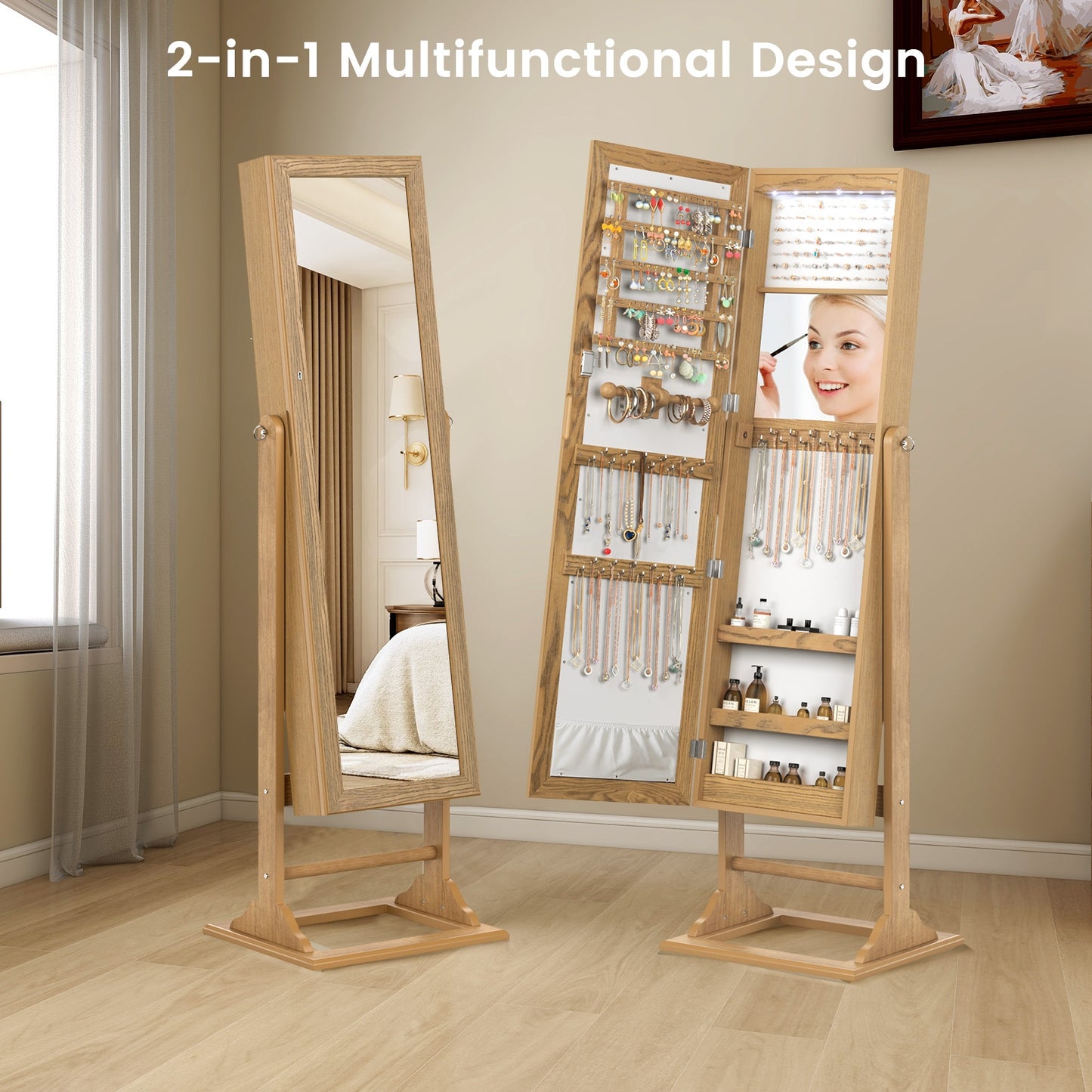 Freestanding Lockable Jewelry Armoire with Full-Length Mirror and 6 LED Lights-Natural Kids Crystal