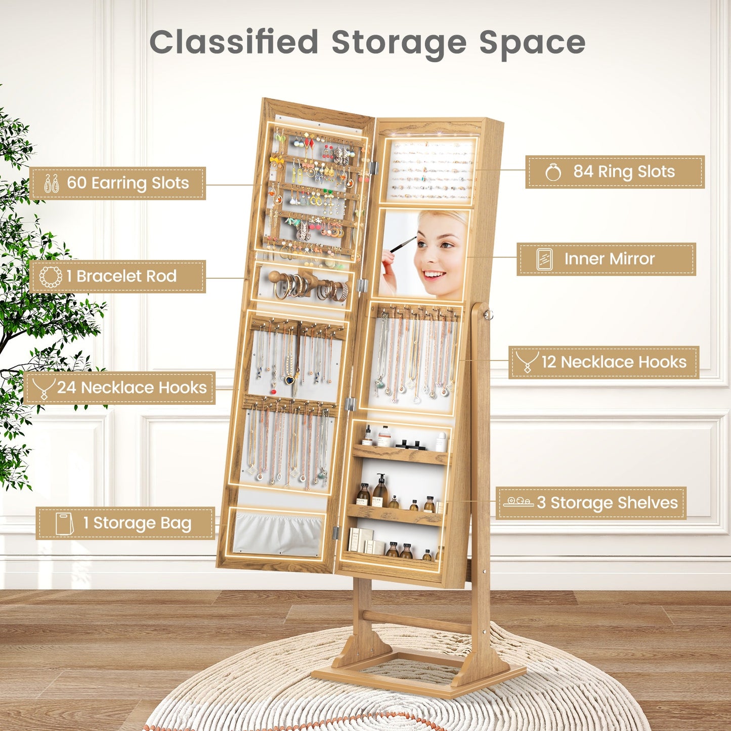 Freestanding Lockable Jewelry Armoire with Full-Length Mirror and 6 LED Lights-Natural Kids Crystal