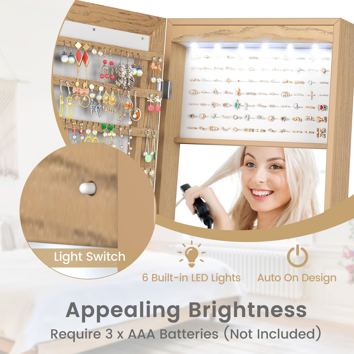 Freestanding Lockable Jewelry Armoire with Full-Length Mirror and 6 LED Lights-Natural Kids Crystal