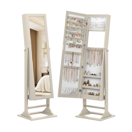 Freestanding Lockable Jewelry Armoire with Full-Length Mirror and 6 LED Lights-Beige Kids Crystal