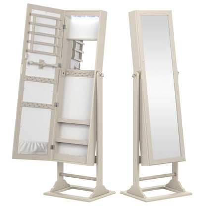 Freestanding Lockable Jewelry Armoire with Full-Length Mirror and 6 LED Lights-Beige