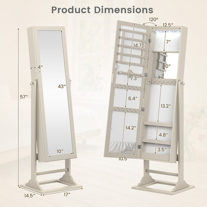 Freestanding Lockable Jewelry Armoire with Full-Length Mirror and 6 LED Lights-Beige