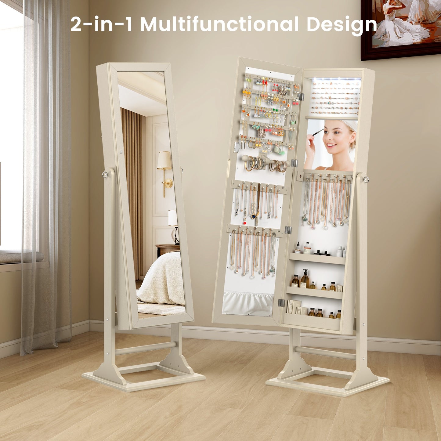 Freestanding Lockable Jewelry Armoire with Full-Length Mirror and 6 LED Lights-Beige Kids Crystal