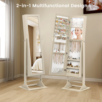 Freestanding Lockable Jewelry Armoire with Full-Length Mirror and 6 LED Lights-Beige