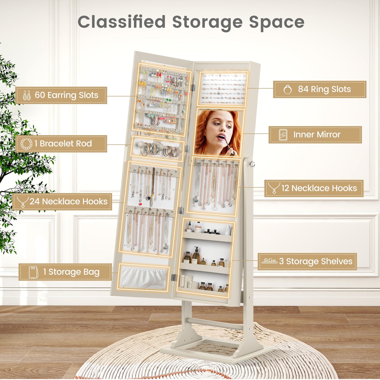 Freestanding Lockable Jewelry Armoire with Full-Length Mirror and 6 LED Lights-Beige Kids Crystal