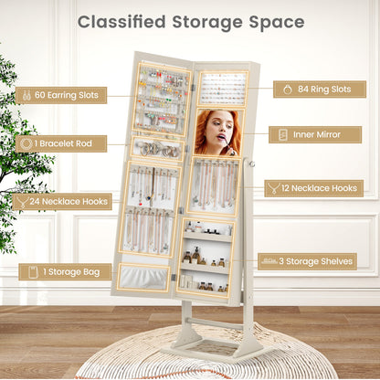 Freestanding Lockable Jewelry Armoire with Full-Length Mirror and 6 LED Lights-Beige