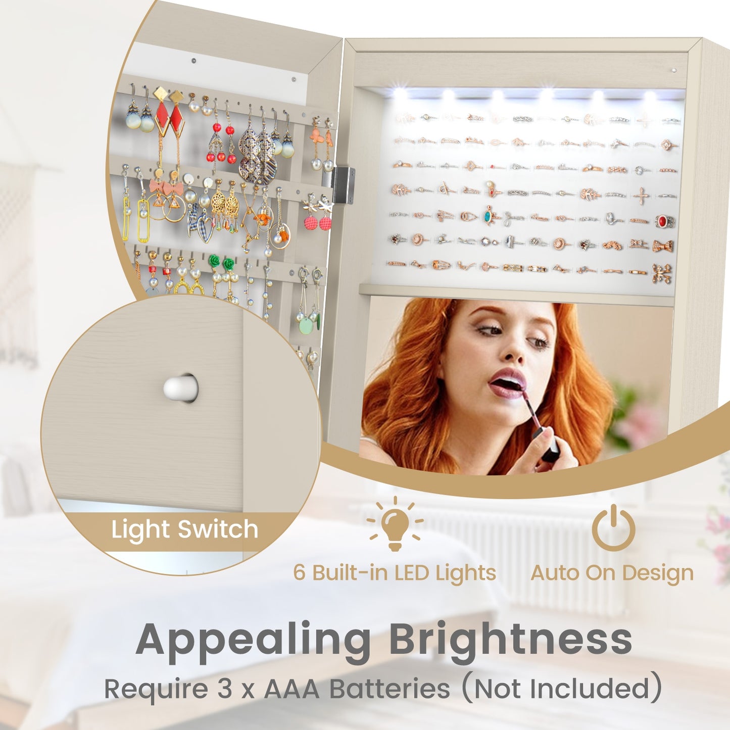 Freestanding Lockable Jewelry Armoire with Full-Length Mirror and 6 LED Lights-Beige Kids Crystal