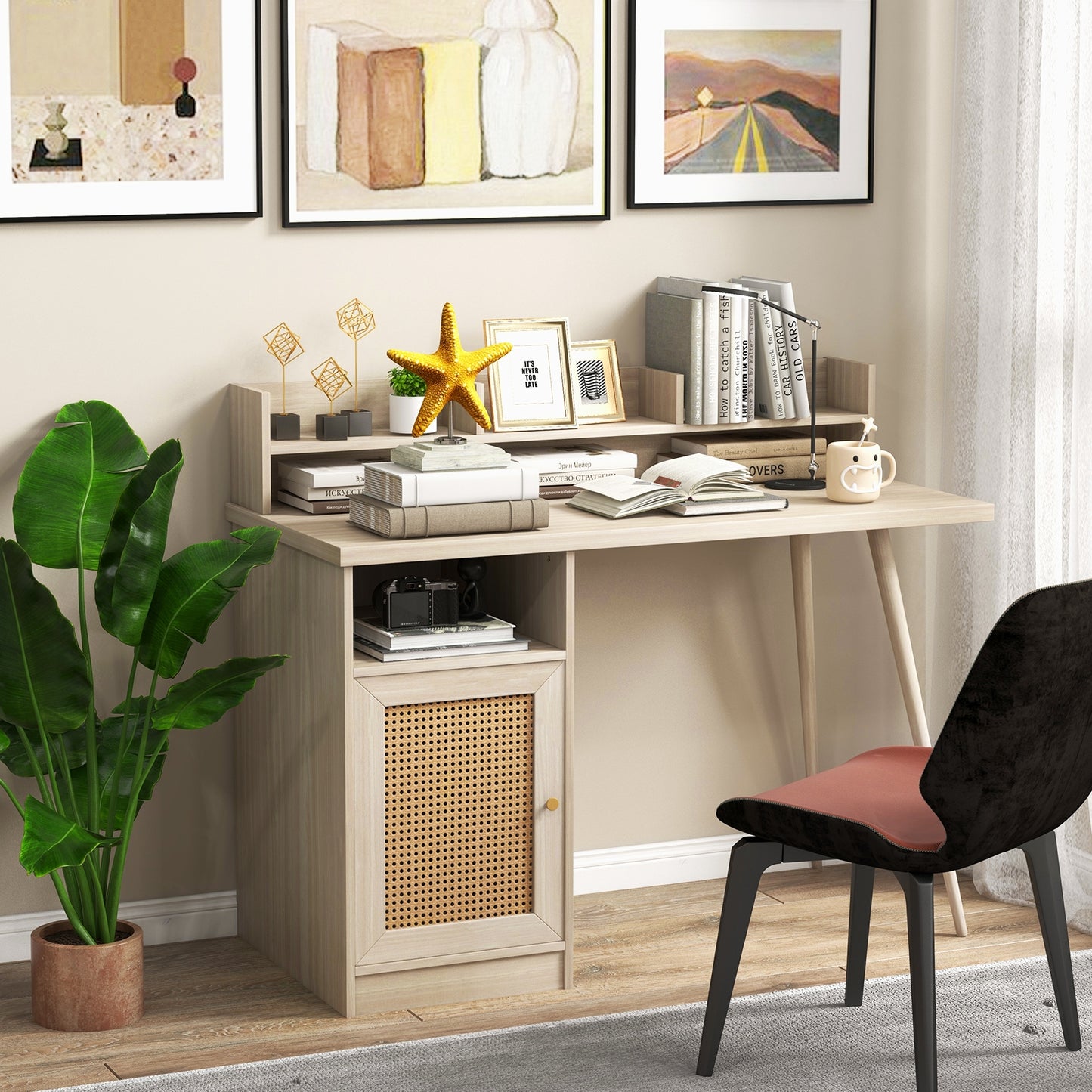 48 Inch Computer Desk with Hutch and PE Rattan Cabinet Shelves-Oak Kids Crystal