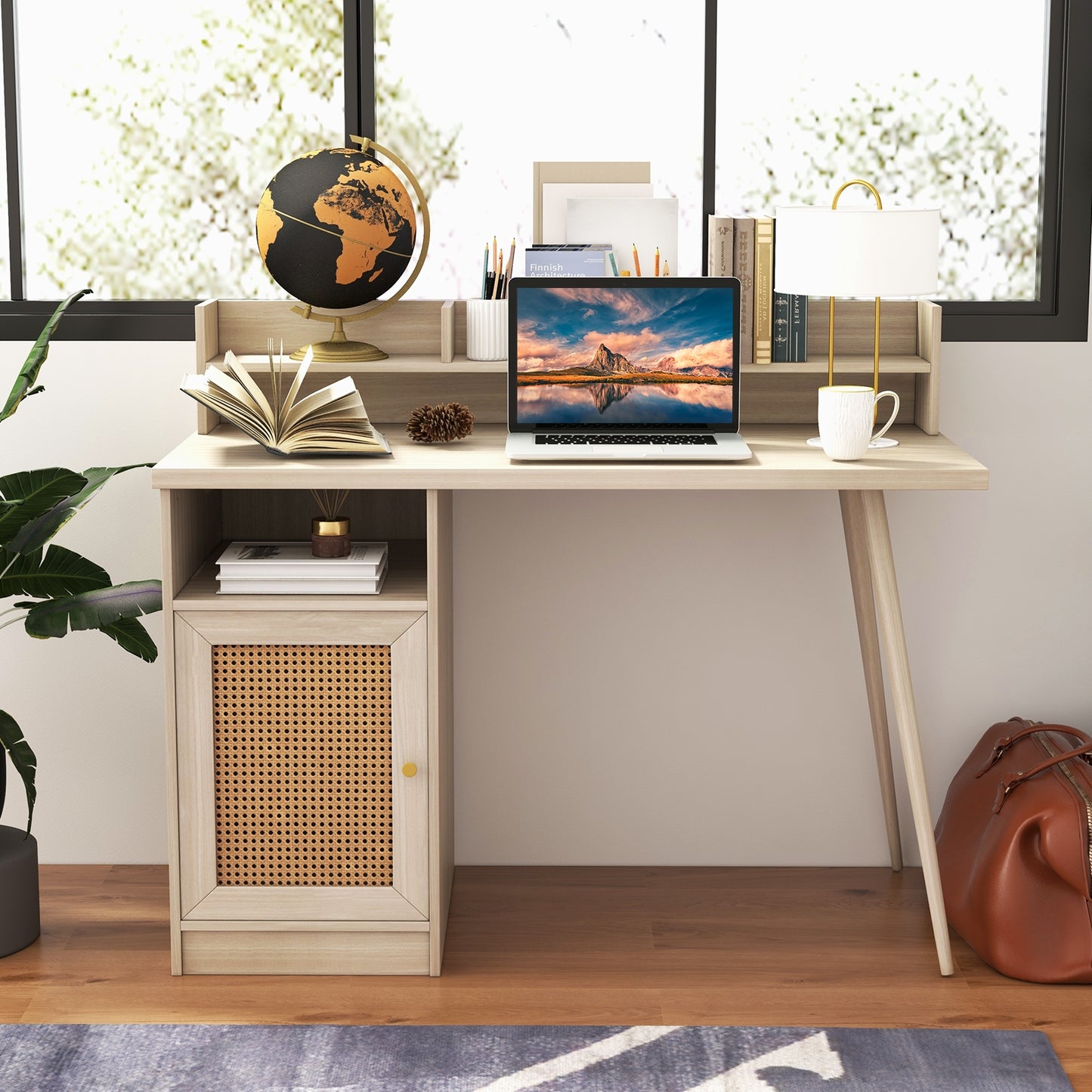 48 Inch Computer Desk with Hutch and PE Rattan Cabinet Shelves-Oak Kids Crystal