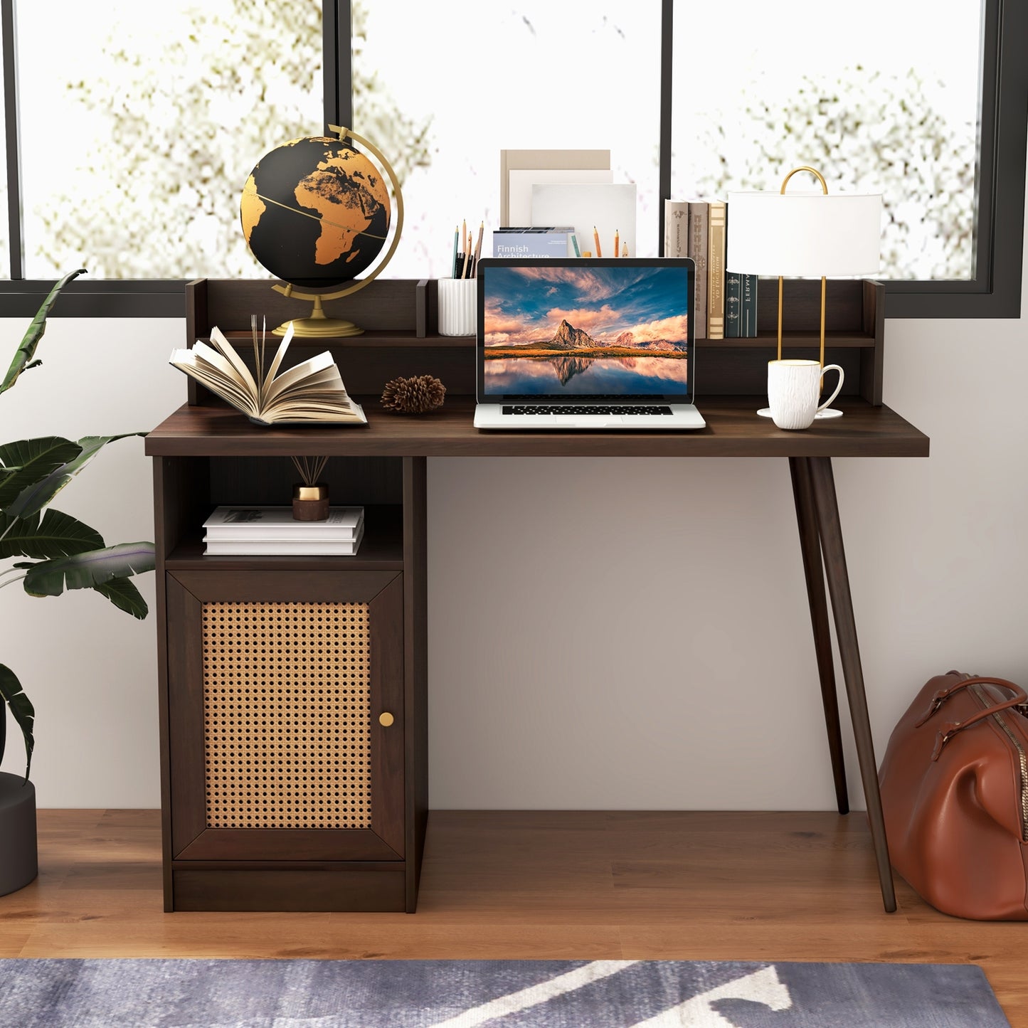 48 Inch Computer Desk with Hutch and PE Rattan Cabinet Shelves-Walnut Kids Crystal