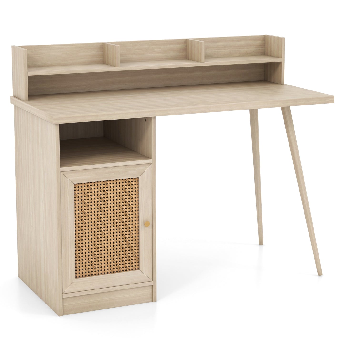 48 Inch Computer Desk with Hutch and PE Rattan Cabinet Shelves-Oak Kids Crystal