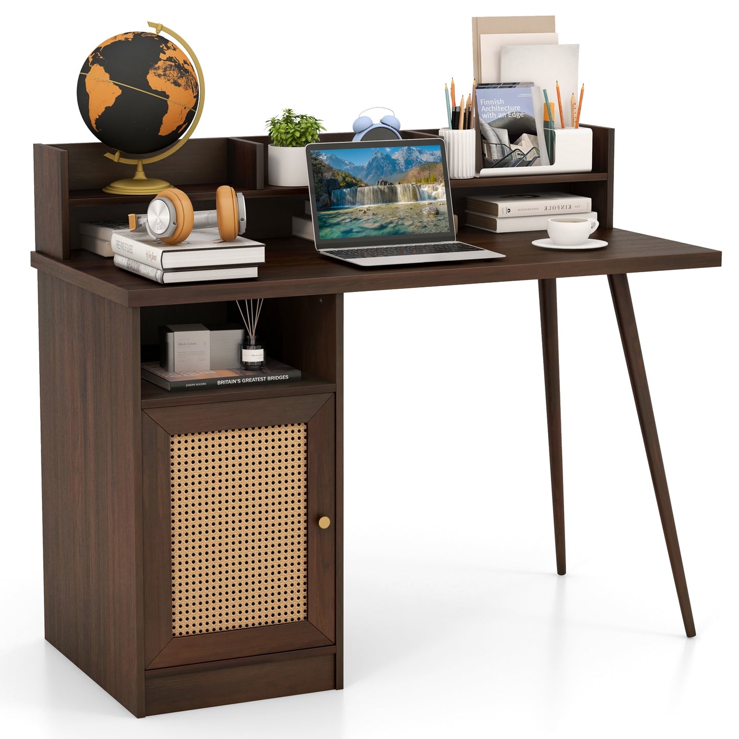 48 Inch Computer Desk with Hutch and PE Rattan Cabinet Shelves-Walnut Kids Crystal