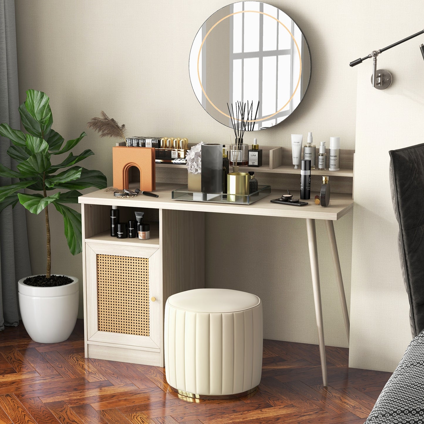 48 Inch Computer Desk with Hutch and PE Rattan Cabinet Shelves-Oak Kids Crystal