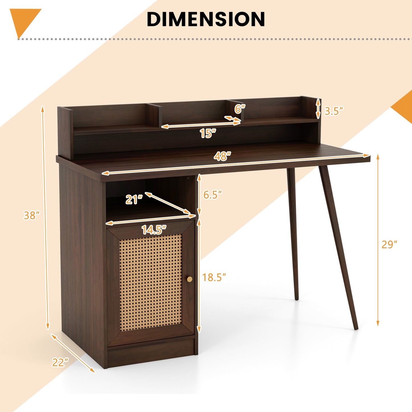 48 Inch Computer Desk with Hutch and PE Rattan Cabinet Shelves-Walnut Kids Crystal