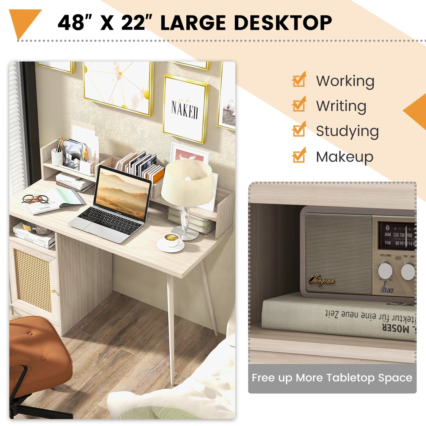 48 Inch Computer Desk with Hutch and PE Rattan Cabinet Shelves-Oak Kids Crystal