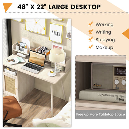 48 Inch Computer Desk with Hutch and PE Rattan Cabinet Shelves-Oak