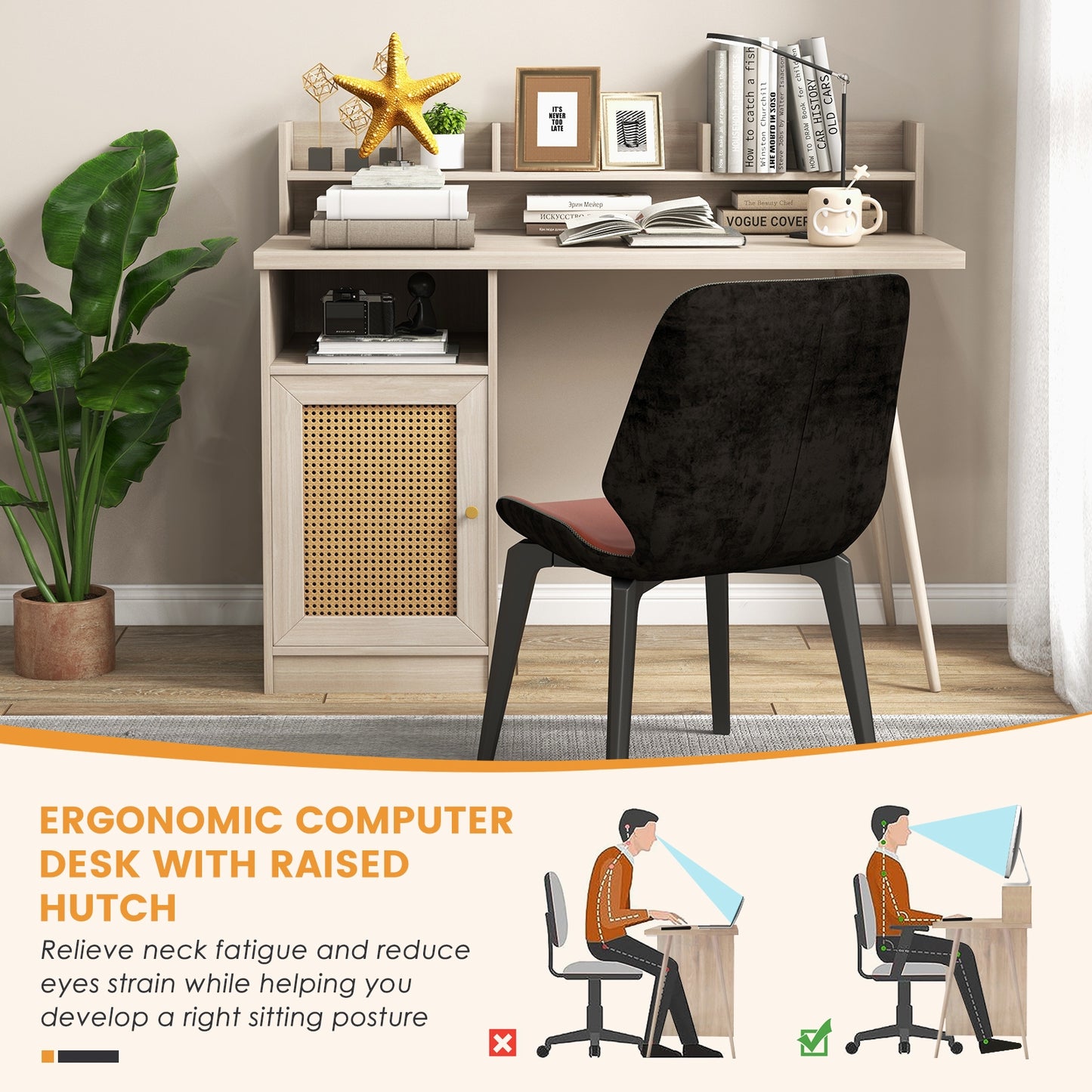 48 Inch Computer Desk with Hutch and PE Rattan Cabinet Shelves-Oak Kids Crystal