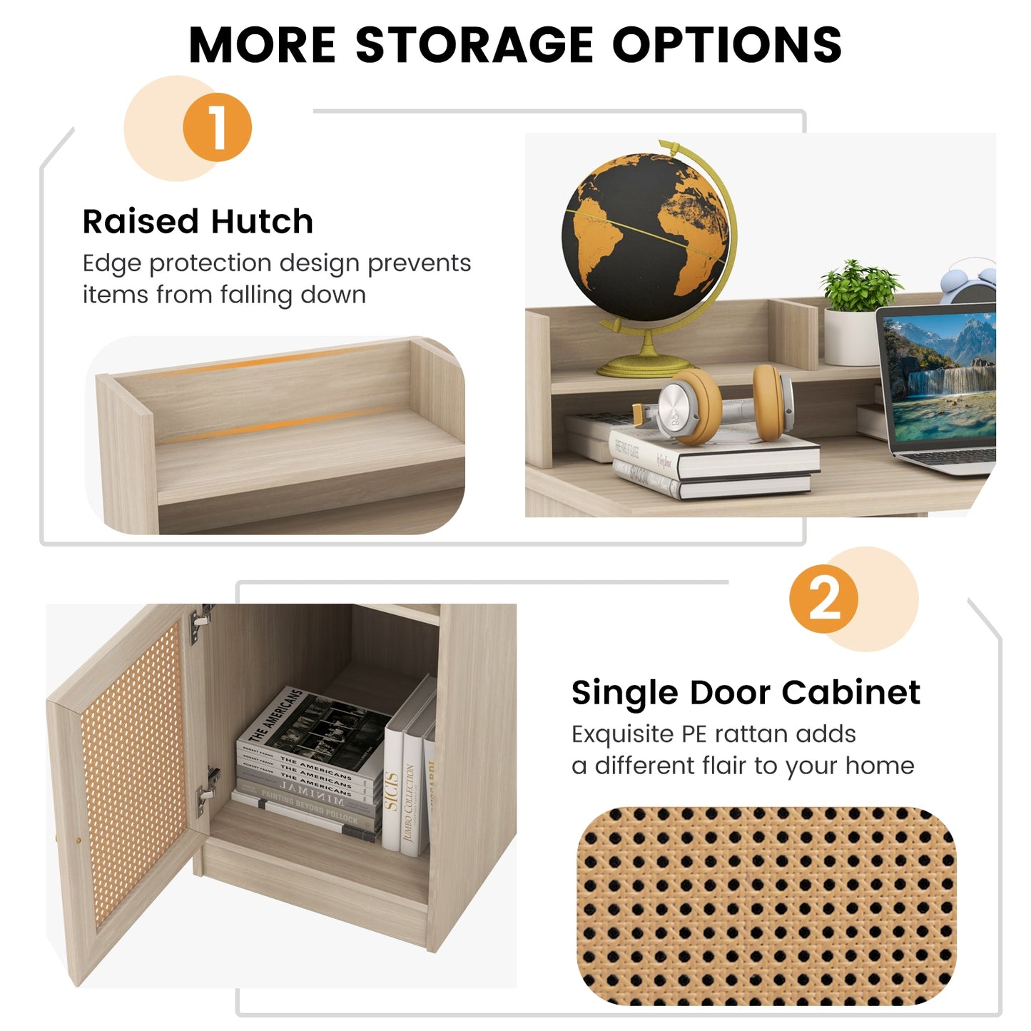 48 Inch Computer Desk with Hutch and PE Rattan Cabinet Shelves-Oak Kids Crystal